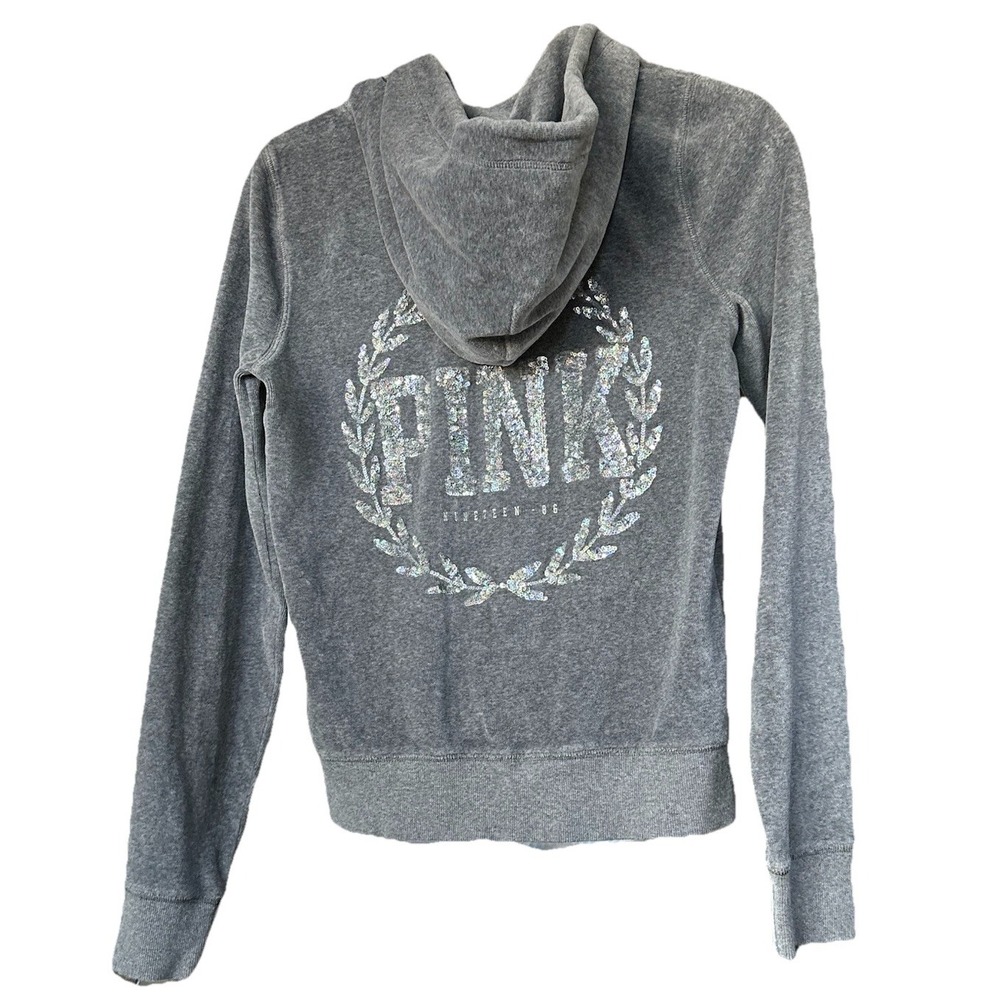 Victoria's Secret PINK Sequin Velour Hoodie Sweatshirt S/P‎ Gray Full Zip 2013